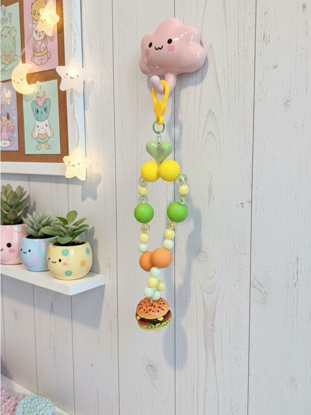 Key chain phone Chain Charm with Burger Bead - Yellow, Green, Orangem
